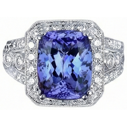 9.50 Carat Cushion Tanzanite And Round Natural Earth Mined Diamonds Ring Vintage Style