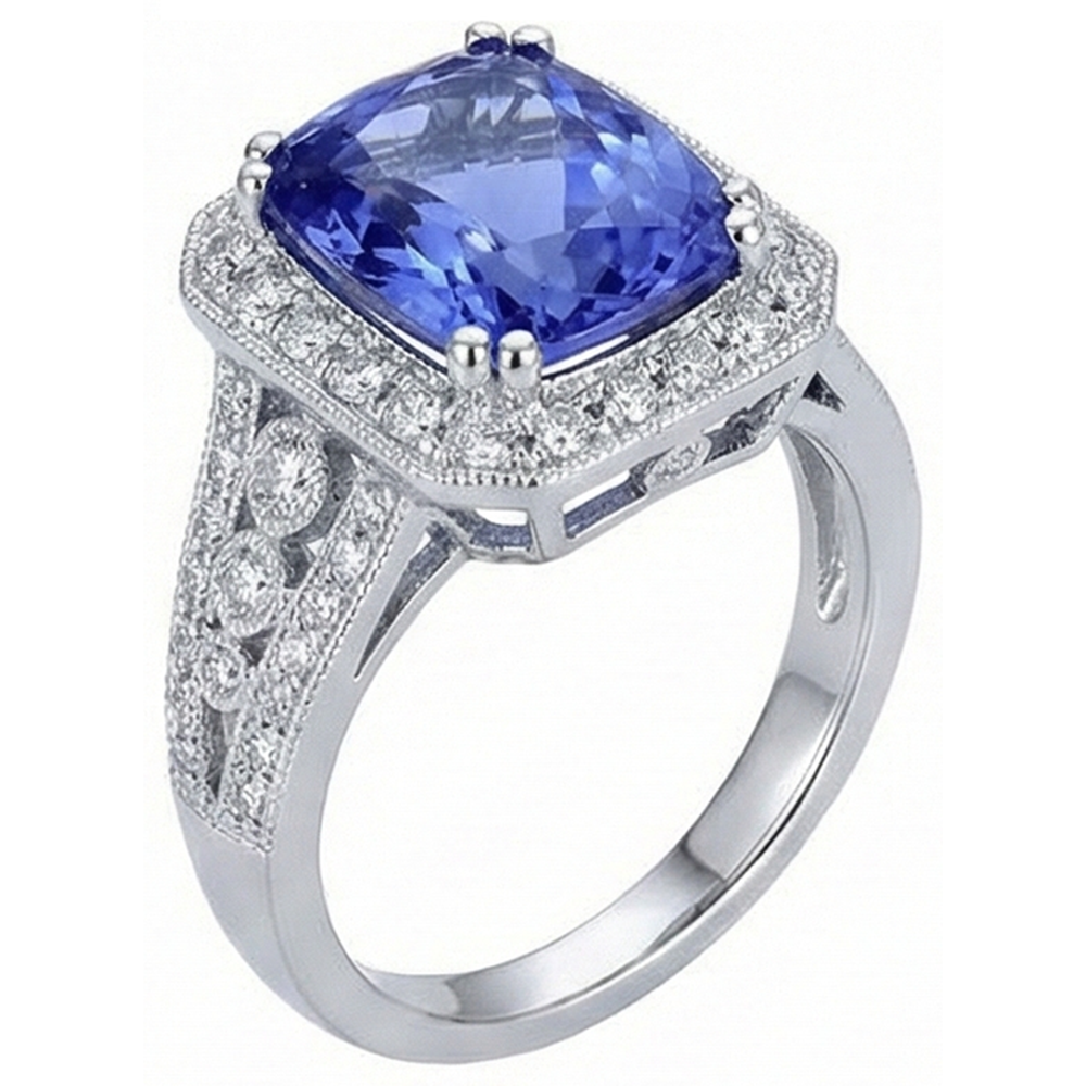 9.50 Carat Cushion Tanzanite And Round Natural Earth Mined Diamonds Ring Vintage Style