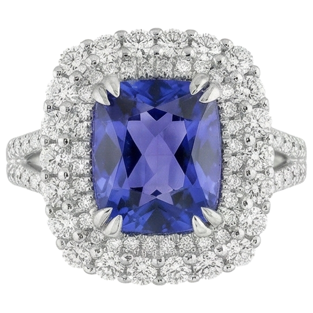 9.50 Ct Cushion Tanzanite And Natural Earth Mined Diamond Ring White Gold 14K