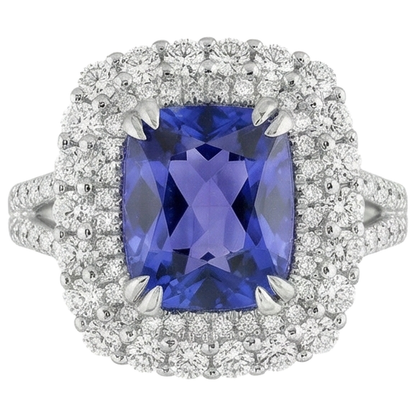 9.50 Ct Cushion Tanzanite And Natural Earth Mined Diamond Ring White Gold 14K