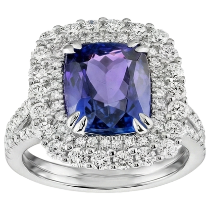 9.50 Ct Cushion Tanzanite And Natural Earth Mined Diamond Ring White Gold 14K