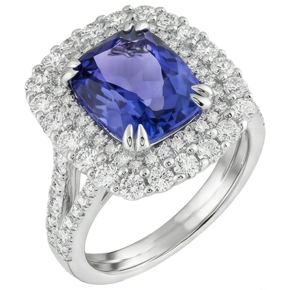 9.50 Ct Cushion Tanzanite And Natural Earth Mined Diamond Ring White Gold 14K