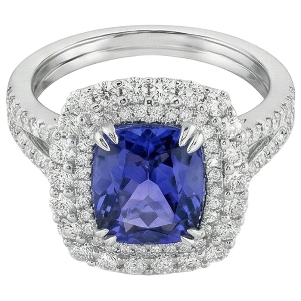 9.50 Ct Cushion Tanzanite And Natural Earth Mined Diamond Ring White Gold 14K