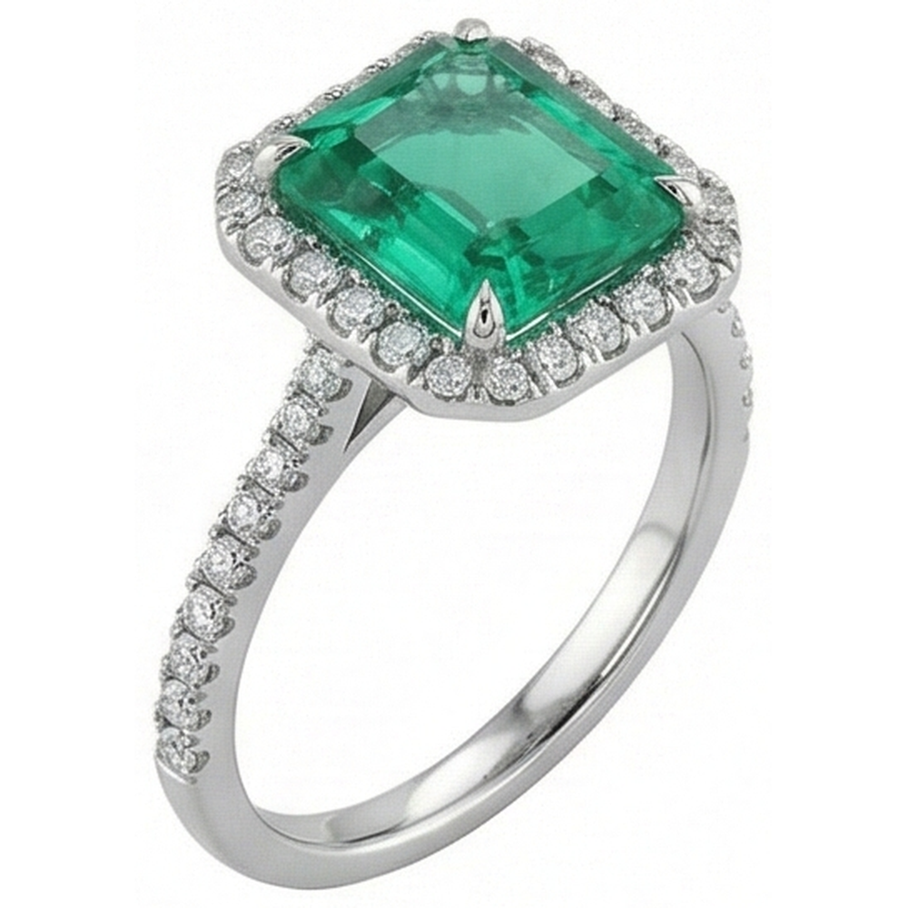 9.65 Ct Big Green Emerald GIA And Small Natural Earth Mined Diamonds Wedding Ring White Gold