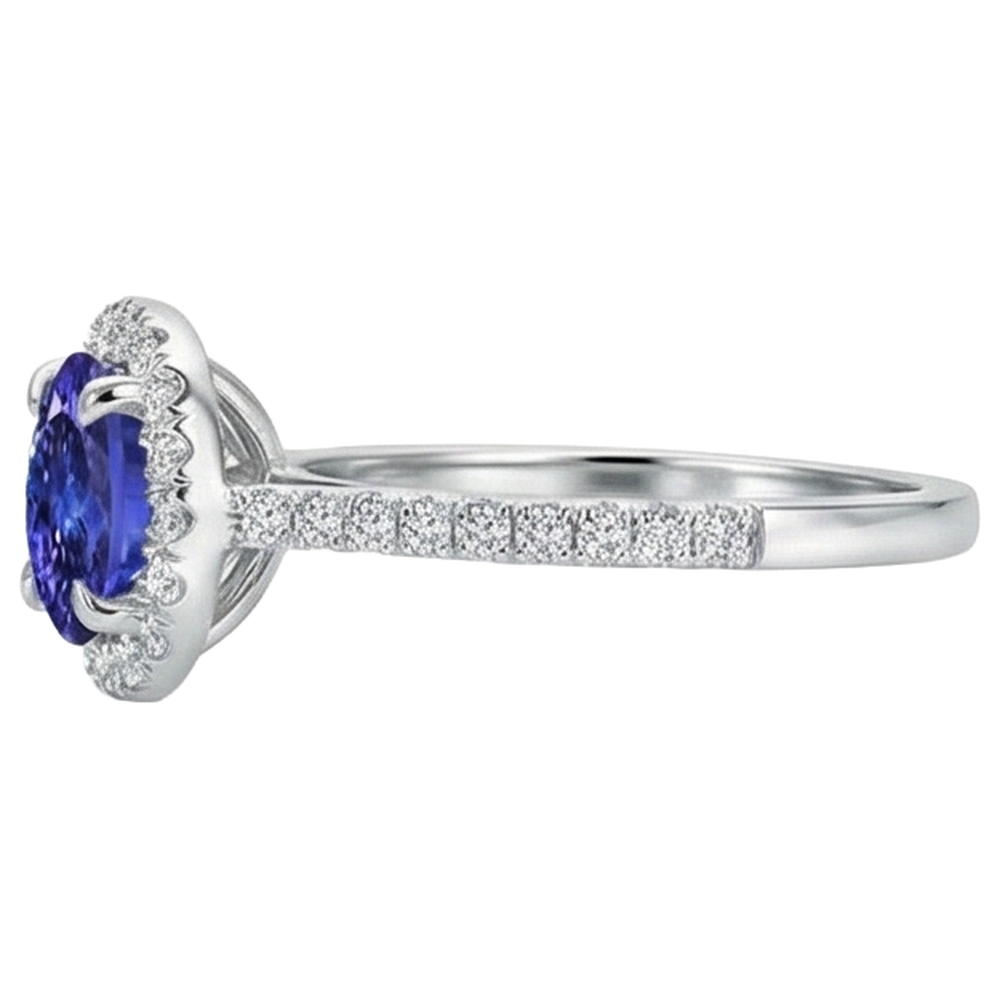 9.85 Ct Round Cut Tanzanite And Natural Earth Mined Diamonds Ring 14K White Gold