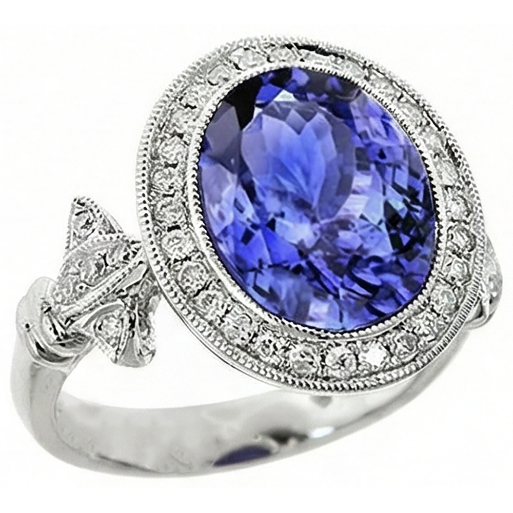 9 Carat Tanzanite Fancy Ring With Small Natural Earth Mined Diamonds White Gold 14K