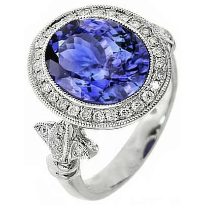 9 Carat Tanzanite Fancy Ring With Small Natural Earth Mined Diamonds White Gold 14K