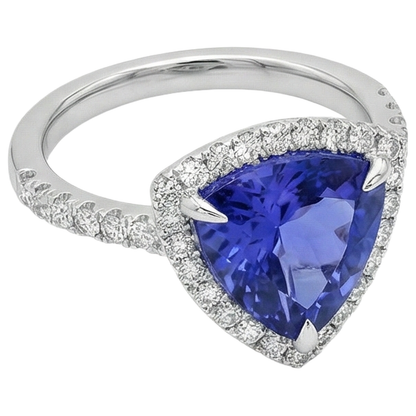 9 Carats Trillion Shape Tanzanite With Round Natural Earth Mined Diamonds Ring White Gold