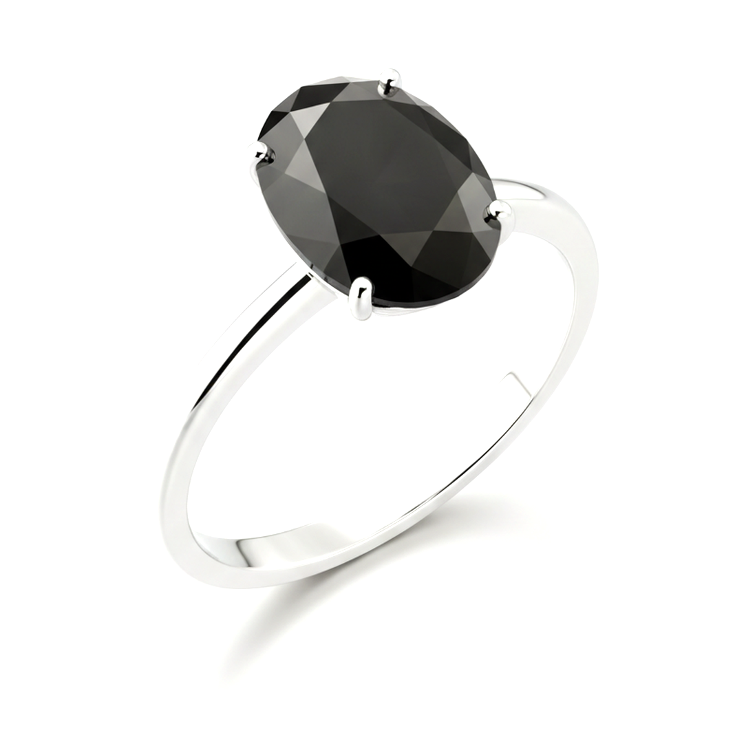 9 Carat Oval Black Diamond Solitaire Ring Natural 14K White Gold