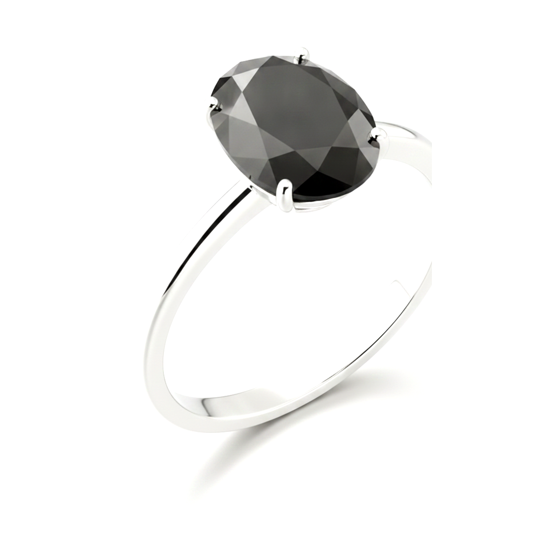 9 Carat Oval Black Diamond Solitaire Ring Natural 14K White Gold