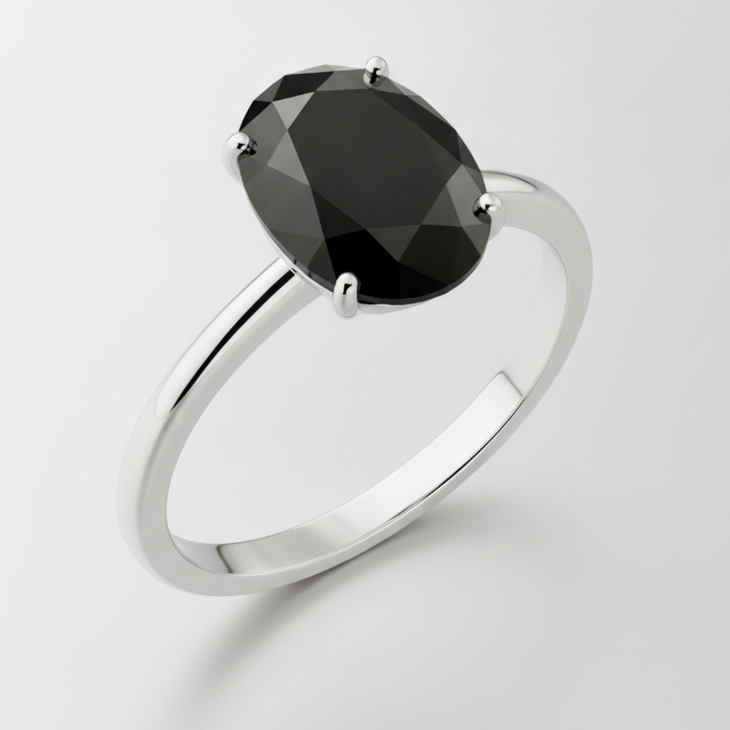 9 Carat Oval Black Diamond Solitaire Ring Natural 14K White Gold