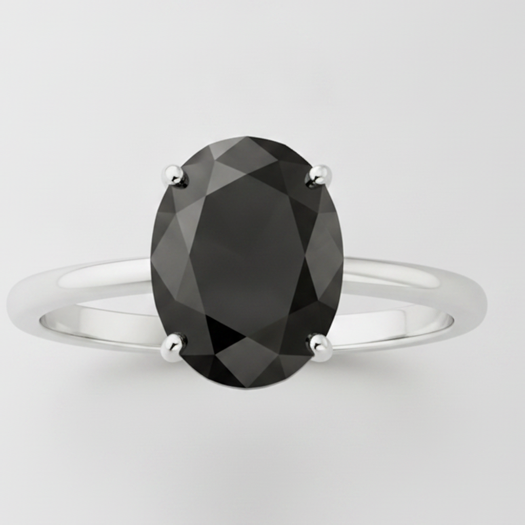9 Carat Oval Black Diamond Solitaire Ring Natural 14K White Gold
