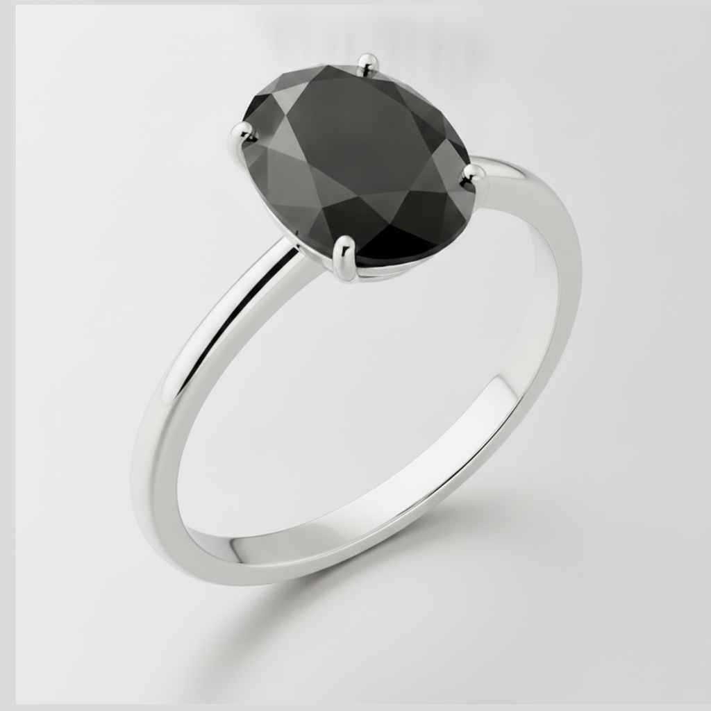 9 Carat Oval Black Diamond Solitaire Ring Natural 14K White Gold