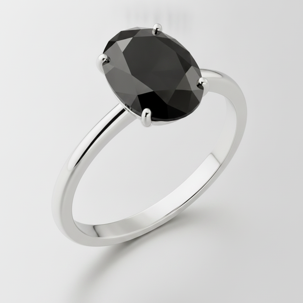 9 Carat Oval Black Diamond Solitaire Ring Natural 14K White Gold