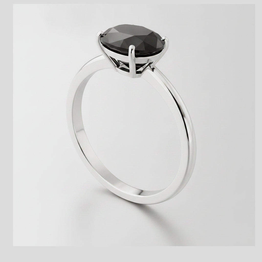 9 Carat Oval Black Diamond Solitaire Ring Natural 14K White Gold