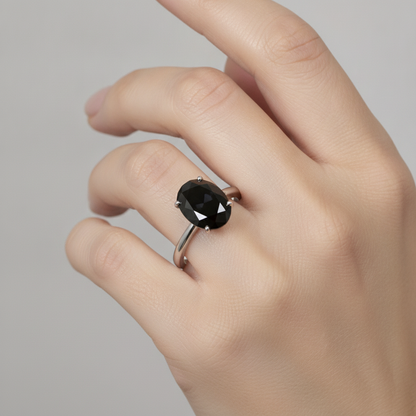 9 Carat Oval Black Diamond Solitaire Ring Natural 14K White Gold