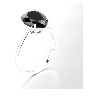 9 Carat Pear Black Diamond Solitaire Ring Natural 14K White Gold