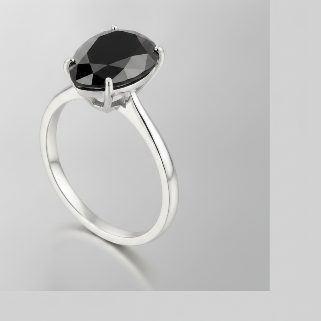 9 Carat Pear Black Diamond Solitaire Ring Natural 14K White Gold