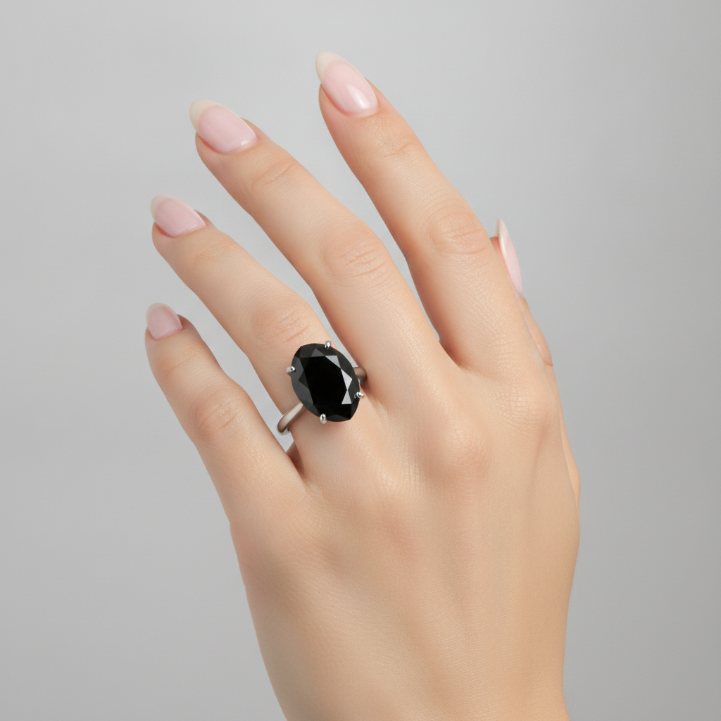 9 Carat Pear Black Diamond Solitaire Ring Natural 14K White Gold