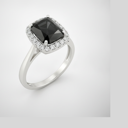 9 Carat Radiant Black Diamond and White Diamond Halo Ring Natural 14K White Gold
