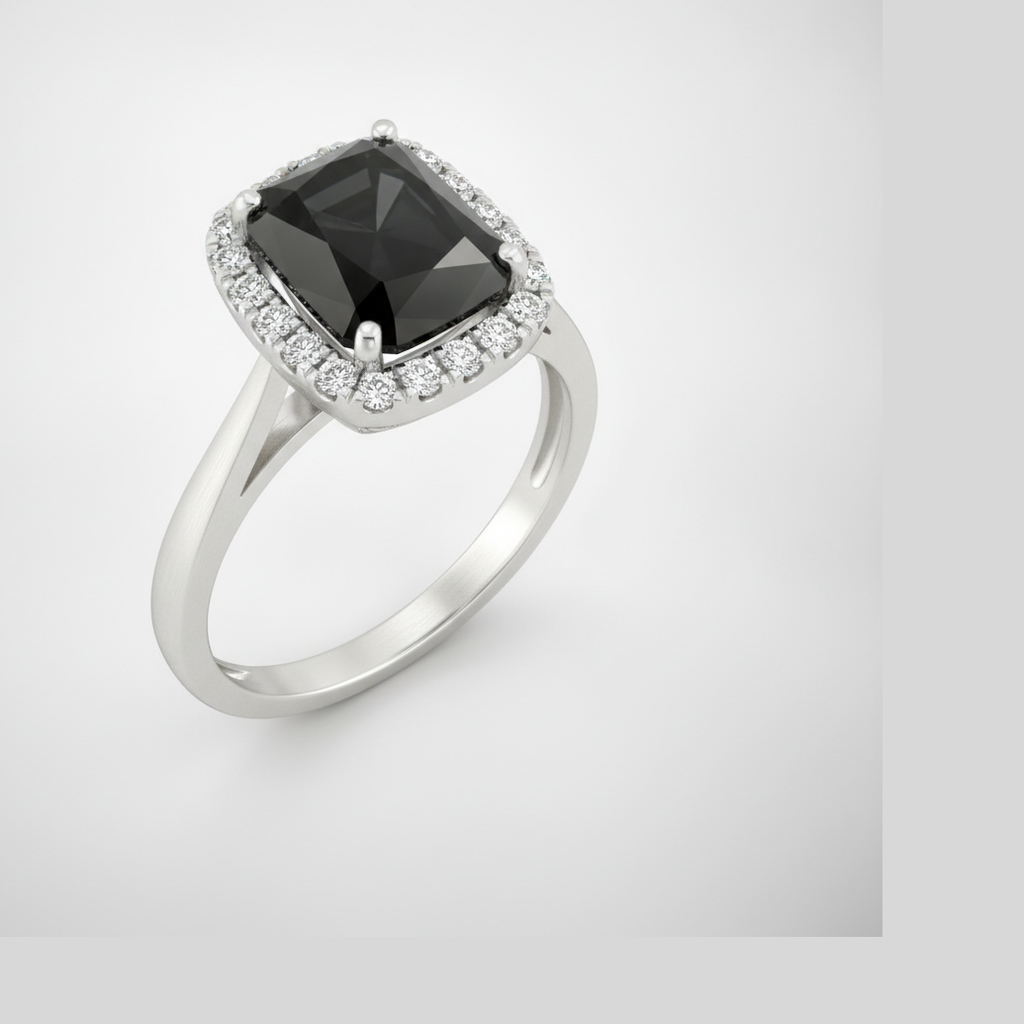9 Carat Radiant Black Diamond and White Diamond Halo Ring Natural 14K White Gold