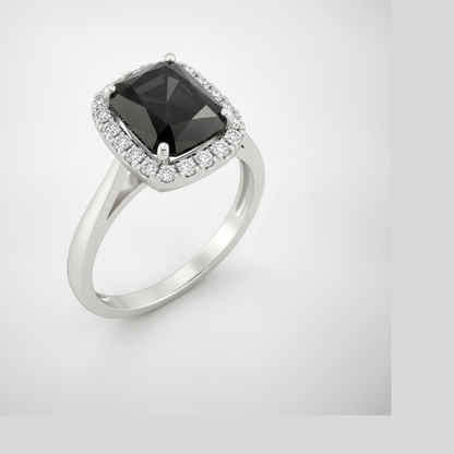 9 Carat Radiant Black Diamond and White Diamond Halo Ring Natural 14K White Gold