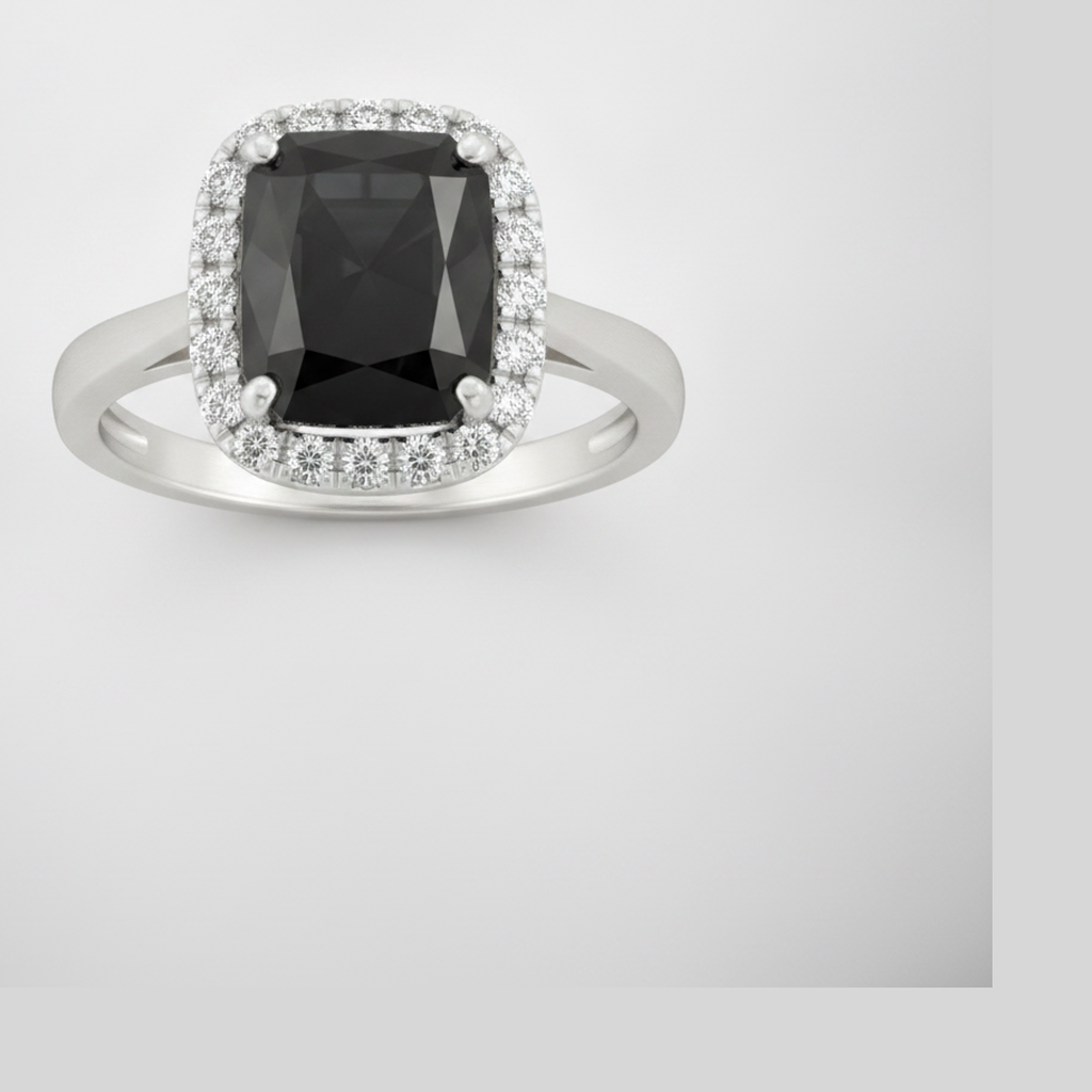 9 Carat Radiant Black Diamond and White Diamond Halo Ring Natural 14K White Gold