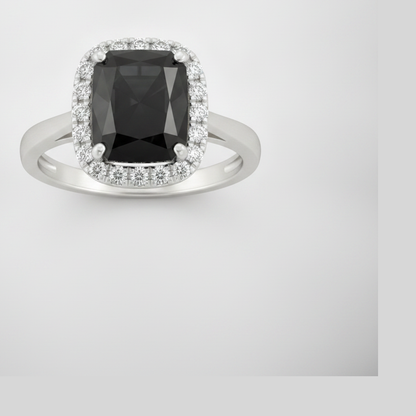 9 Carat Radiant Black Diamond and White Diamond Halo Ring Natural 14K White Gold