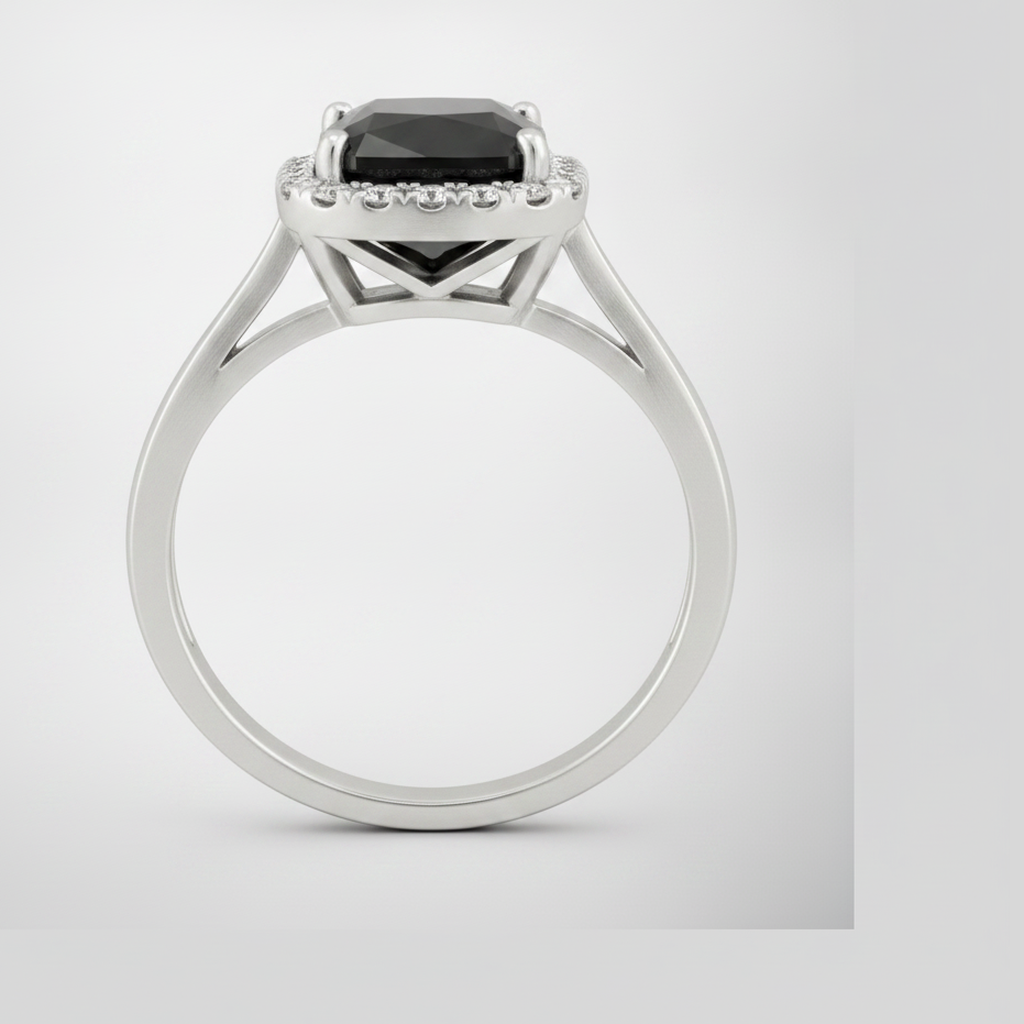 9 Carat Radiant Black Diamond and White Diamond Halo Ring Natural 14K White Gold