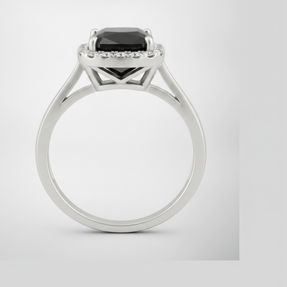 9 Carat Radiant Black Diamond and White Diamond Halo Ring Natural 14K White Gold