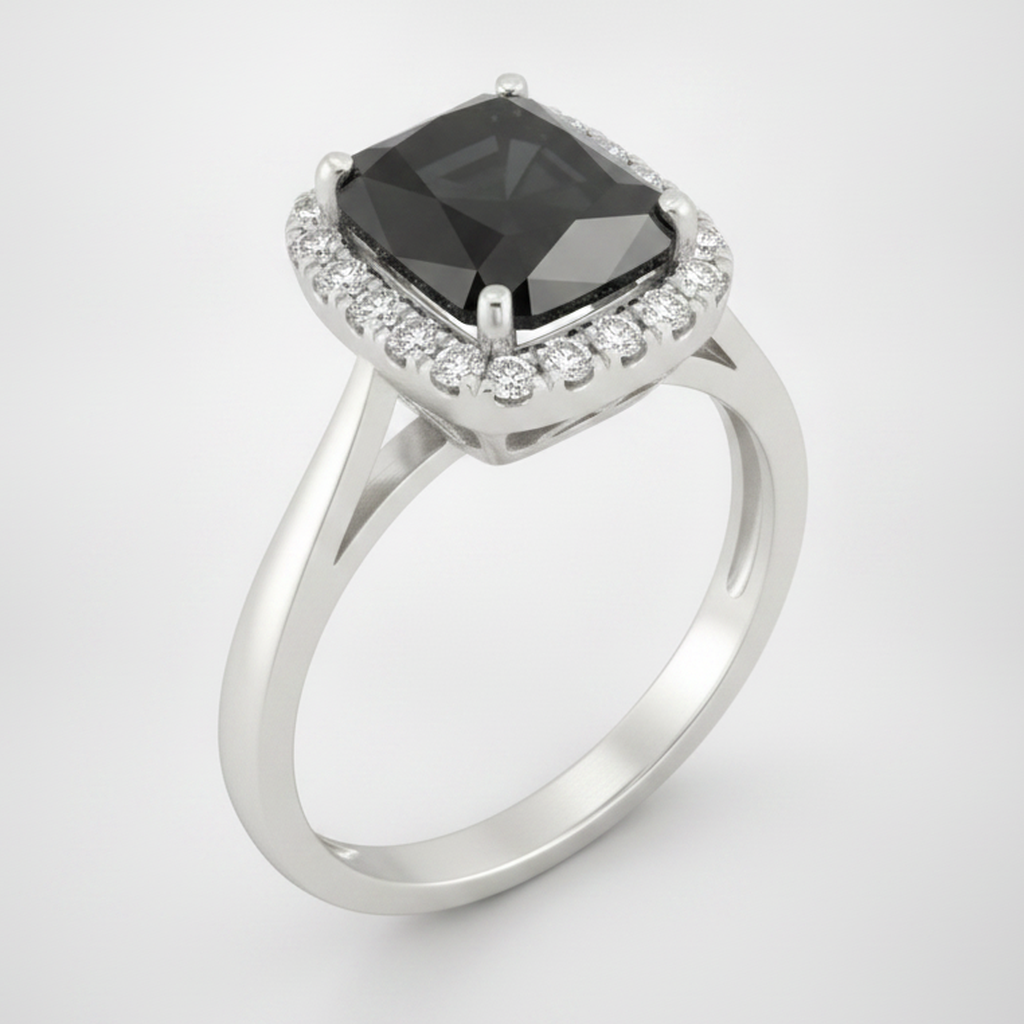 9 Carat Radiant Black Diamond and White Diamond Halo Ring Natural 14K White Gold