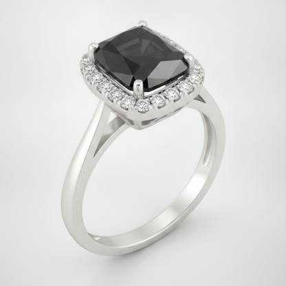 9 Carat Radiant Black Diamond and White Diamond Halo Ring Natural 14K White Gold