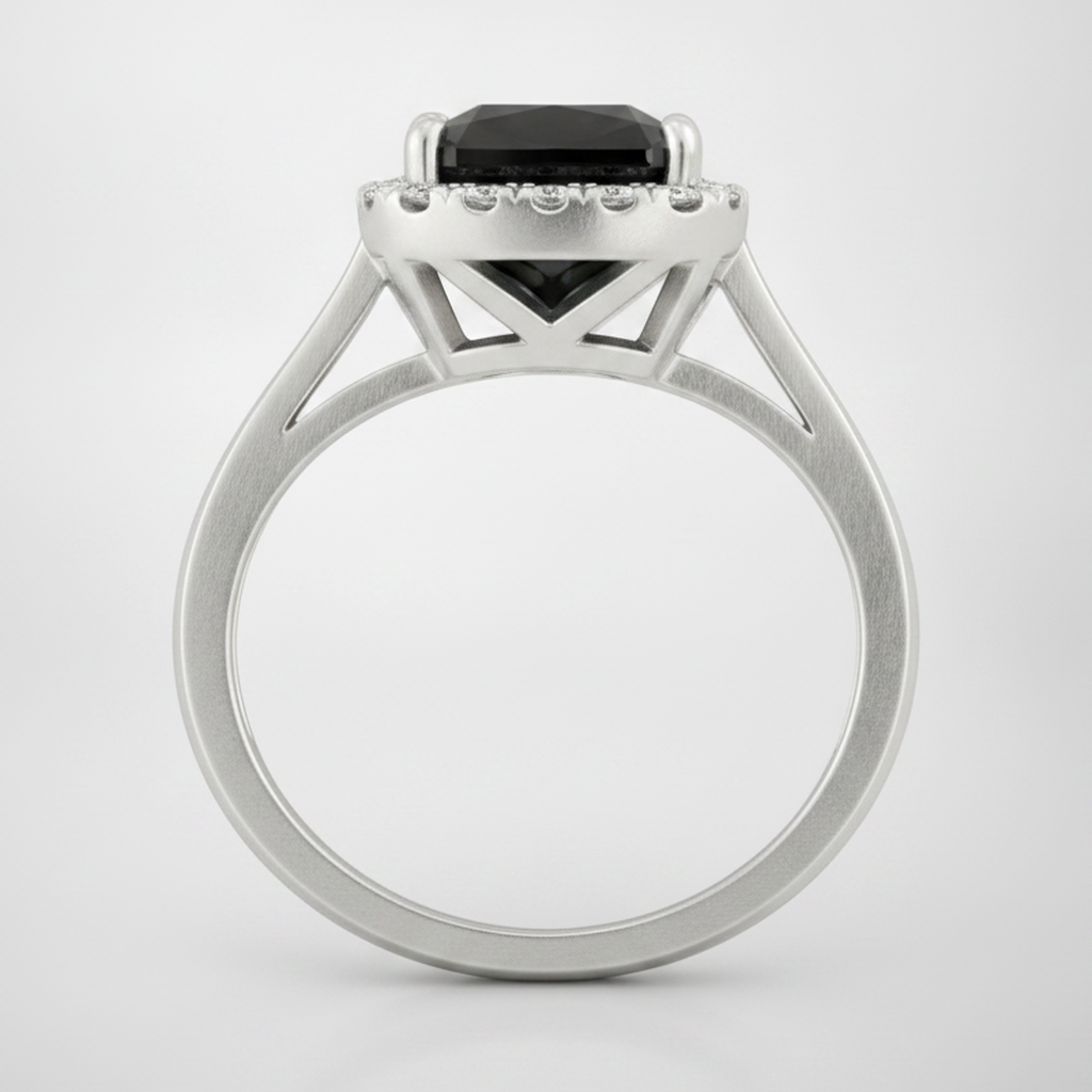 9 Carat Radiant Black Diamond and White Diamond Halo Ring Natural 14K White Gold