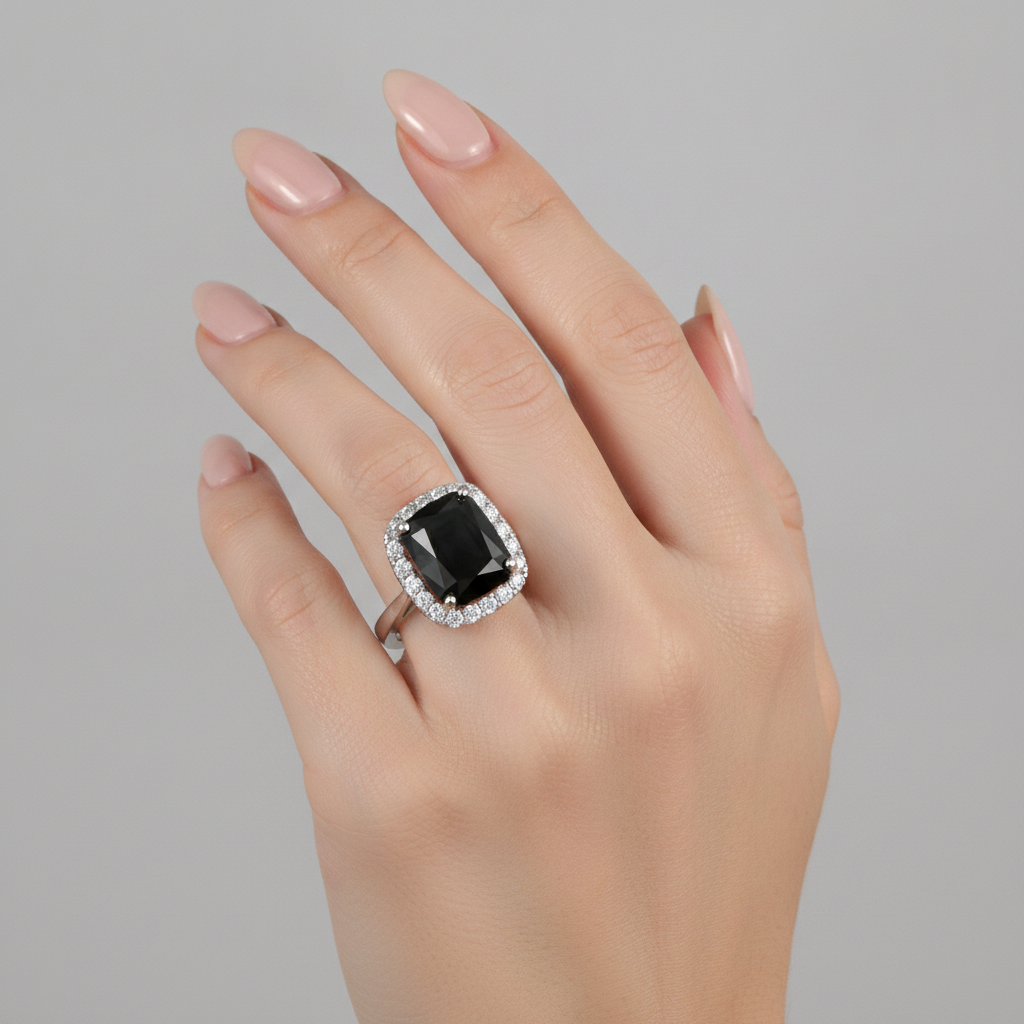 9 Carat Radiant Black Diamond and White Diamond Halo Ring Natural 14K White Gold