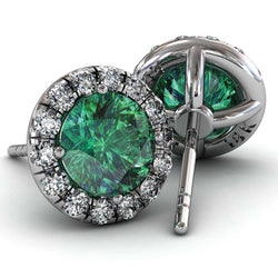 9.50 Carats Green Emerald With Diamonds Stud Halo Earring White Gold 14K