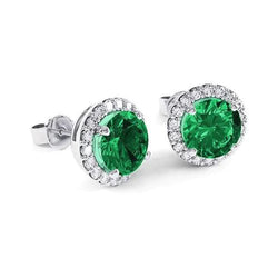 9.50 Carats Round Prong Set Green Emerald With Diamond Stud White Gold 14K