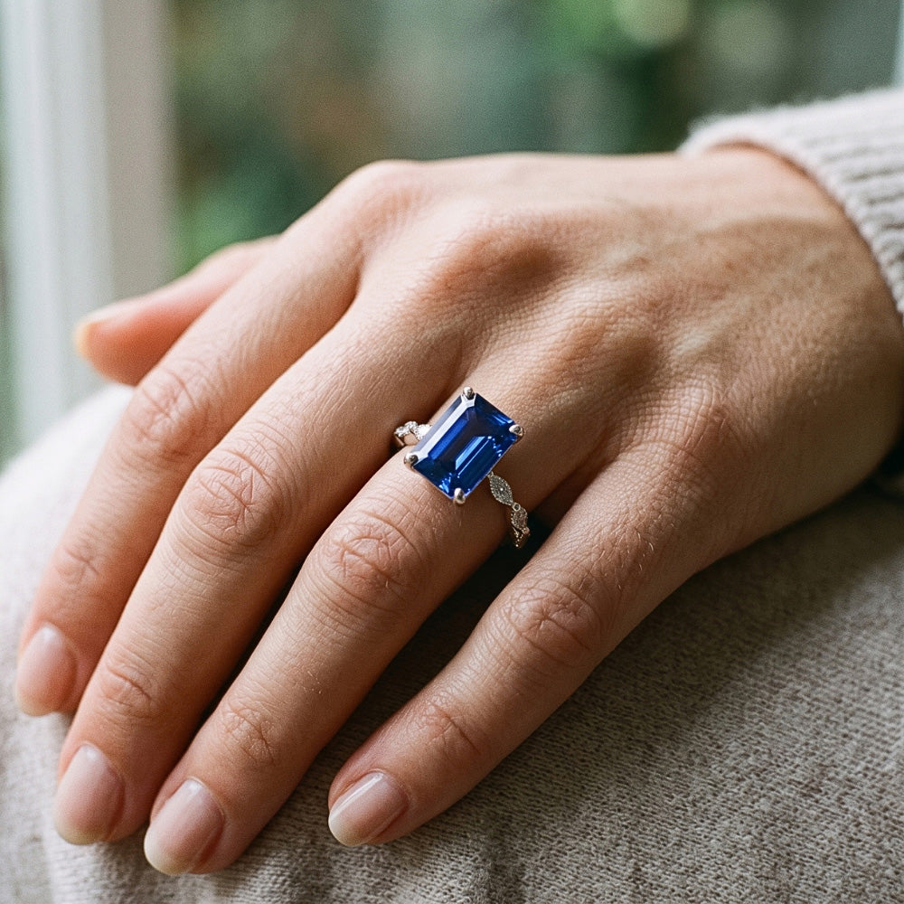 Accented Engagement Ring Emerald Ceylon Sapphire & Natural Earth Mined Diamond 4.50 Carats