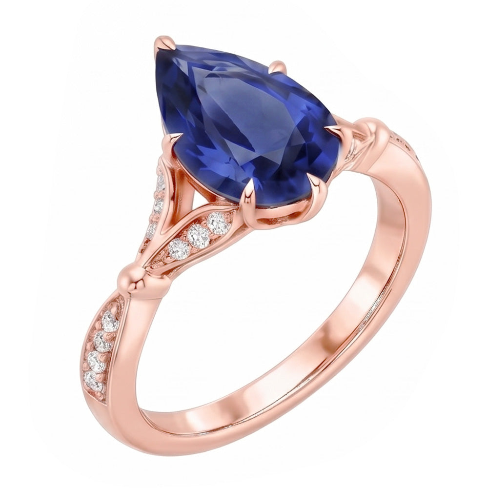 Accented Engagement Ring Pear Ceylon Sapphire & Natural Earth Mined Diamonds 4.50 Carats