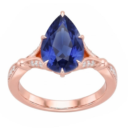 Accented Engagement Ring Pear Ceylon Sapphire & Natural Earth Mined Diamonds 4.50 Carats