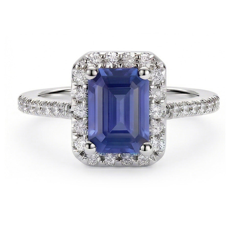 Anniversary Emerald Halo Blue Sapphire & Natural Earth Mined Diamonds Ring 3.50 Carats