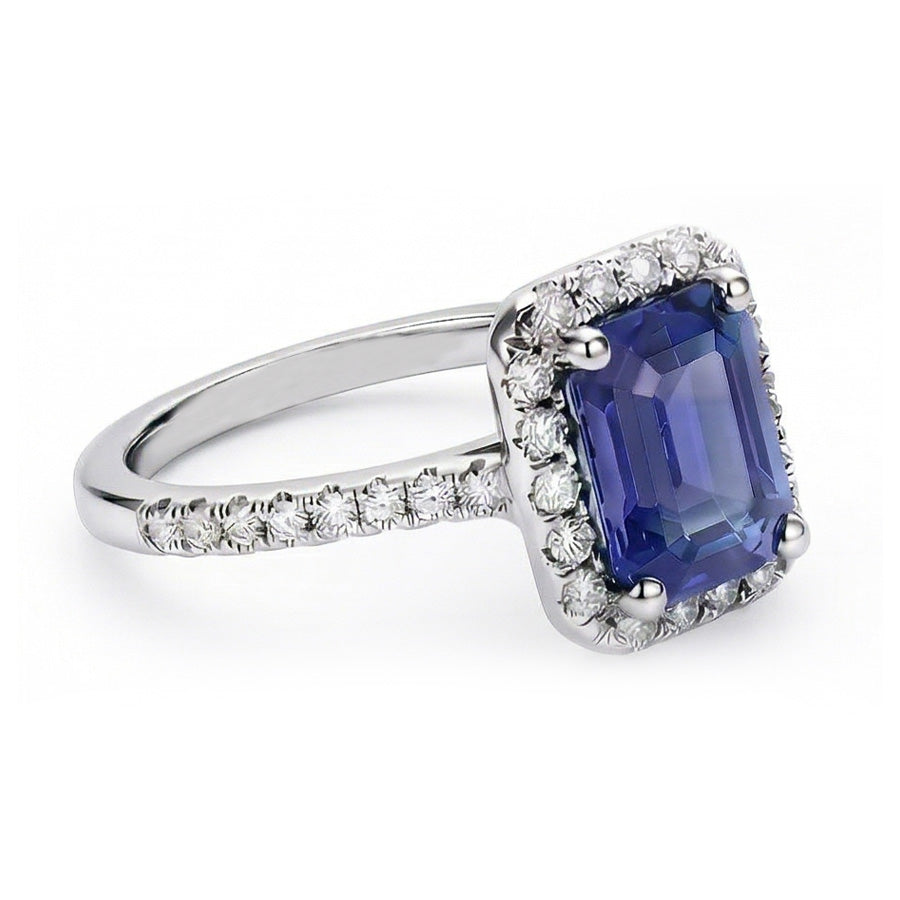 Anniversary Emerald Halo Blue Sapphire & Natural Earth Mined Diamonds Ring 3.50 Carats