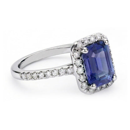 Anniversary Emerald Halo Blue Sapphire & Natural Earth Mined Diamonds Ring 3.50 Carats