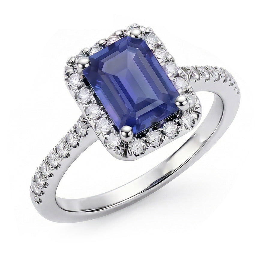 Anniversary Emerald Halo Blue Sapphire & Natural Earth Mined Diamonds Ring 3.50 Carats