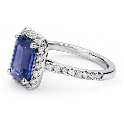 Anniversary Emerald Halo Blue Sapphire & Natural Earth Mined Diamonds Ring 3.50 Carats