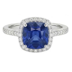 Anniversary Halo Ring Cushion Blue Sapphire Accented Natural Earth Mined Diamonds 4 Carats