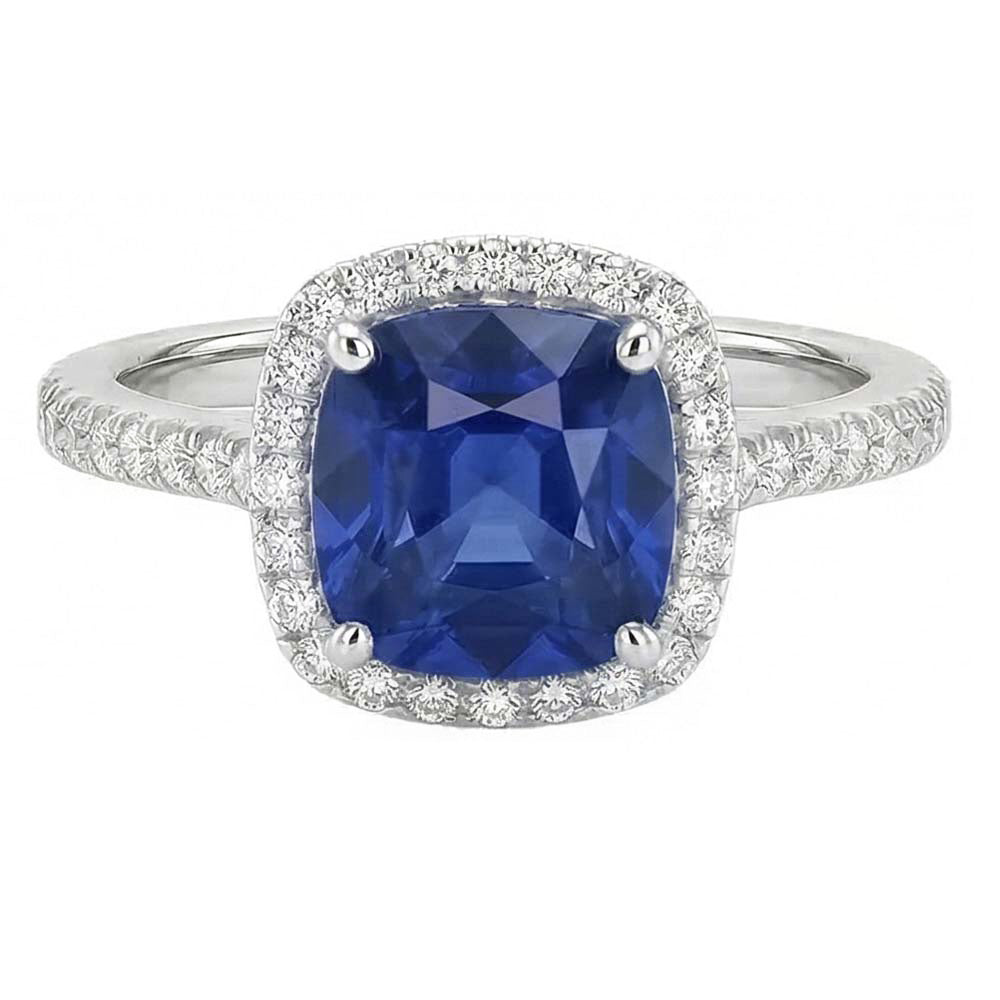 Anniversary Halo Ring Cushion Blue Sapphire Accented Natural Earth Mined Diamonds 4 Carats