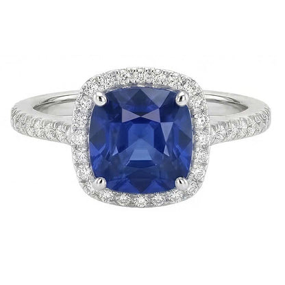 Anniversary Halo Ring Cushion Blue Sapphire Accented Natural Earth Mined Diamonds 4 Carats