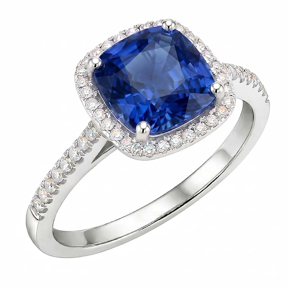 Anniversary Halo Ring Cushion Blue Sapphire Accented Natural Earth Mined Diamonds 4 Carats