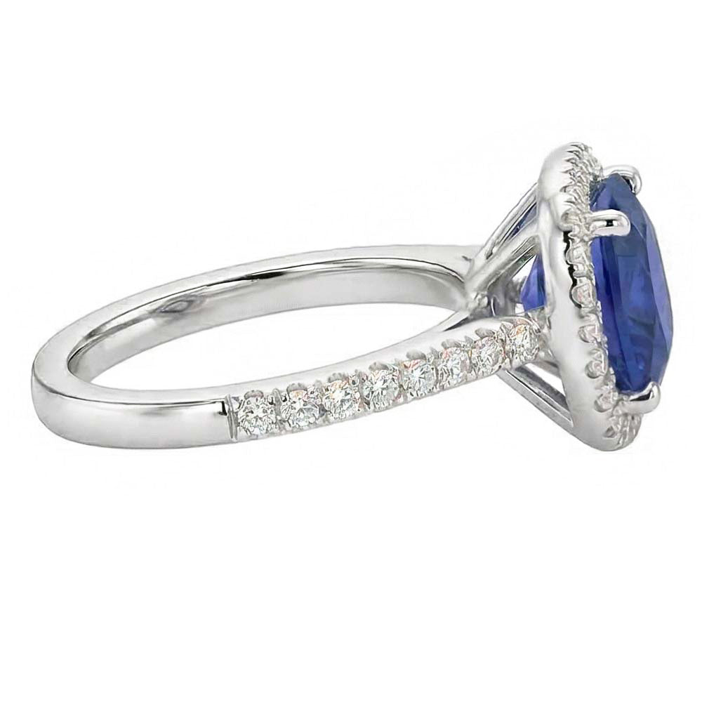 Anniversary Halo Ring Cushion Blue Sapphire Accented Natural Earth Mined Diamonds 4 Carats