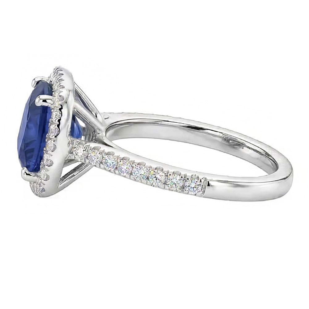 Anniversary Halo Ring Cushion Blue Sapphire Accented Natural Earth Mined Diamonds 4 Carats